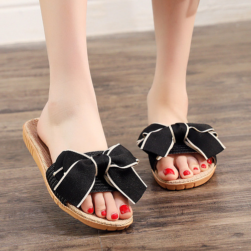 New Fashion Simple Bow Linen Home Slippers for Women, Ultra Lightweight, Silent, Breathable, Non-Slip Cool Slippers, Summer