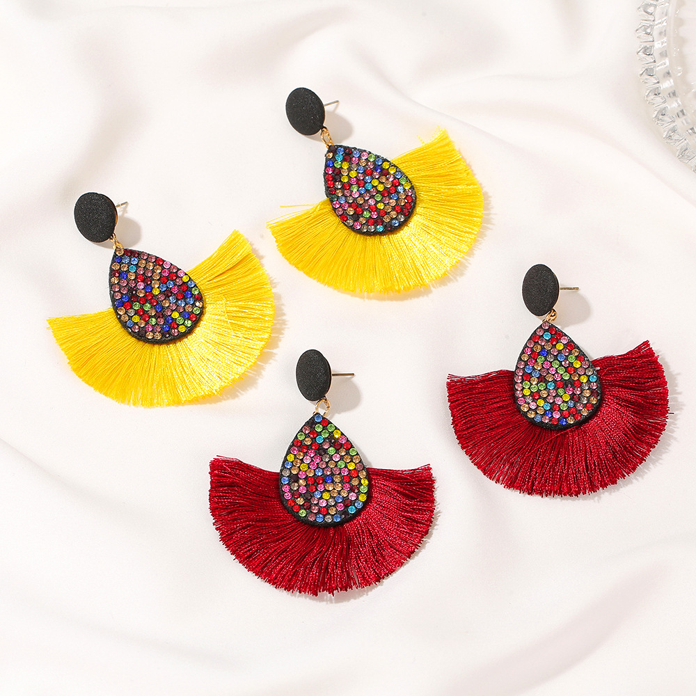 New Retro Exaggerated Colored Diamond Bohemian Creative Fan-shaped Tassel Earrings Wholesale display picture 5