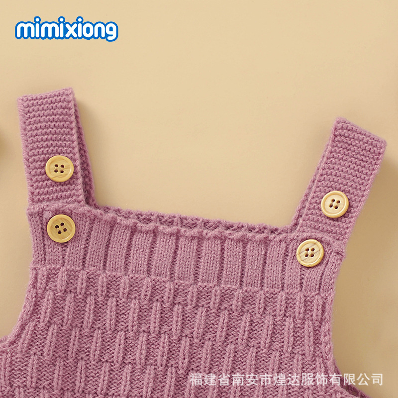 ins熱賣款秋季嬰幼兒純色吊帶連體包屁哈衣+木耳邊保暖帽套裝