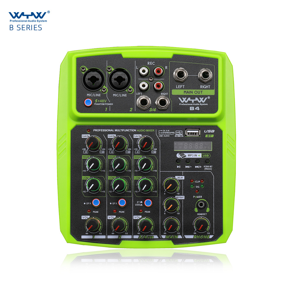 跨境4路调音台室外会议音响USB蓝牙混响音频处理器K歌直播带声卡