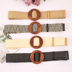 New PP grass woven belt for women, retro clothing pants women's belt match skirt student leather belt with wooden round buckle head