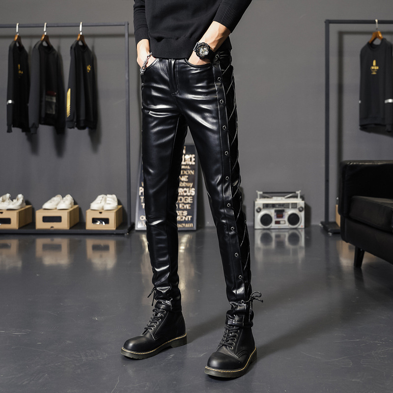 2020 New Leather Pants Men's Pants Winter Distinctive Korean Style Leggings Men's Black PU Leather Pants