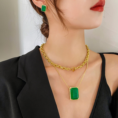 Zhuang Shengsheng Jewelry Hot Sale Ins-style European and American Fashion Trendy Minimalist Layered Necklace Simulated Emerald Set