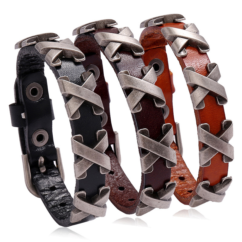 Punk Cross-border E-commerce Supply Bar Street Dance Jewelry X Nail Men's Cowhide Bracelet Adjustable Retro Jewelry Punk Cross-border E-commerce Supply Bar Street Dance Jewelry X Nail Men's Cowhide Bracelet Adjustable Retro Jewelry