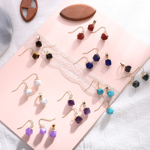 Cross-border simple natural stone ultra-small earrings jade material gold-plated head cut square handmade earrings square ear hook accessories
