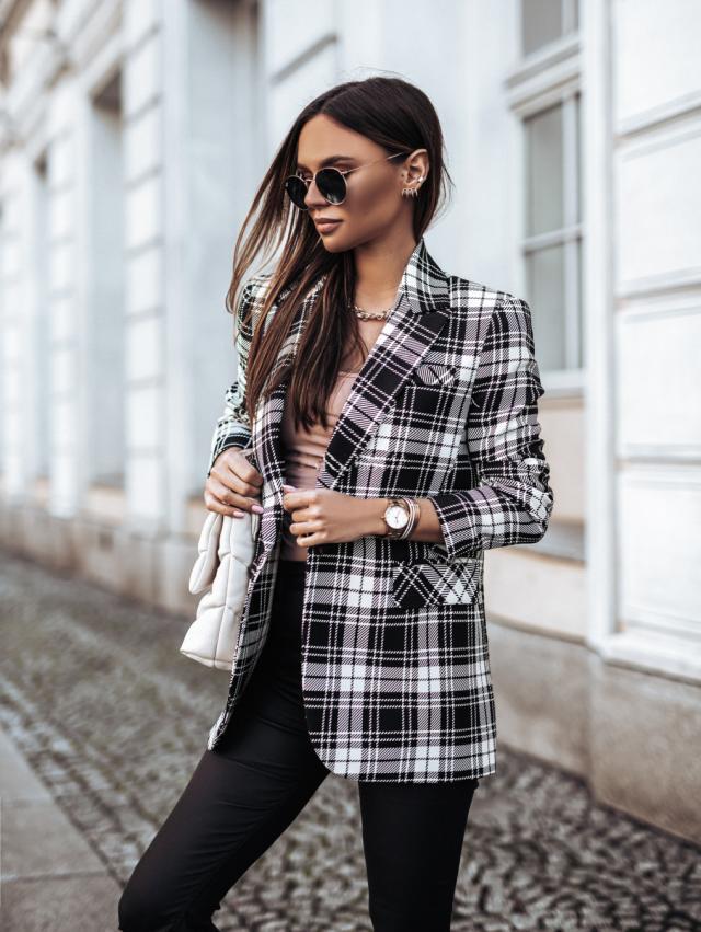 autumn and winter long-sleeved double-breasted plaid printed suit jacket NSYD9382