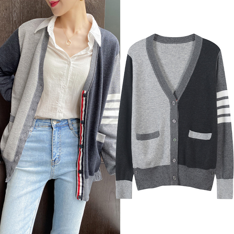 tb Arm Four Bar Knitted Cardigan Grey Color Block Top Long Sleeve V-Neck Single-Breasted Jacket 2020 Autumn