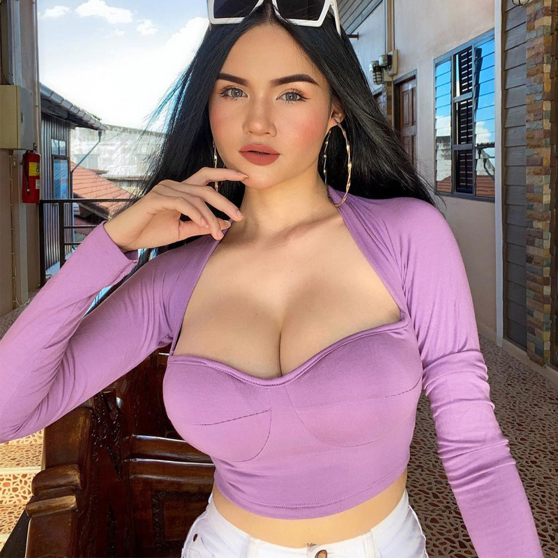 Short Top Length V Neck Neckline Slim Fit Type Wholesale Streetwear Solid Color Coffee Purple Black Long Sleeve Blouses