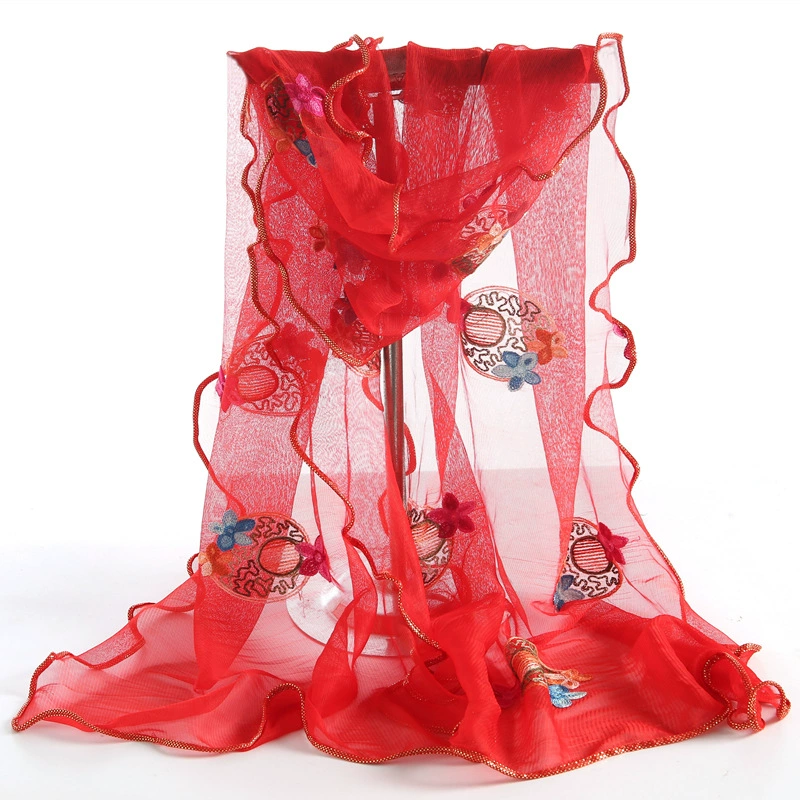 Demi-season long scarf, cloak, 2020, thin weaving, with embroidery, Korean style