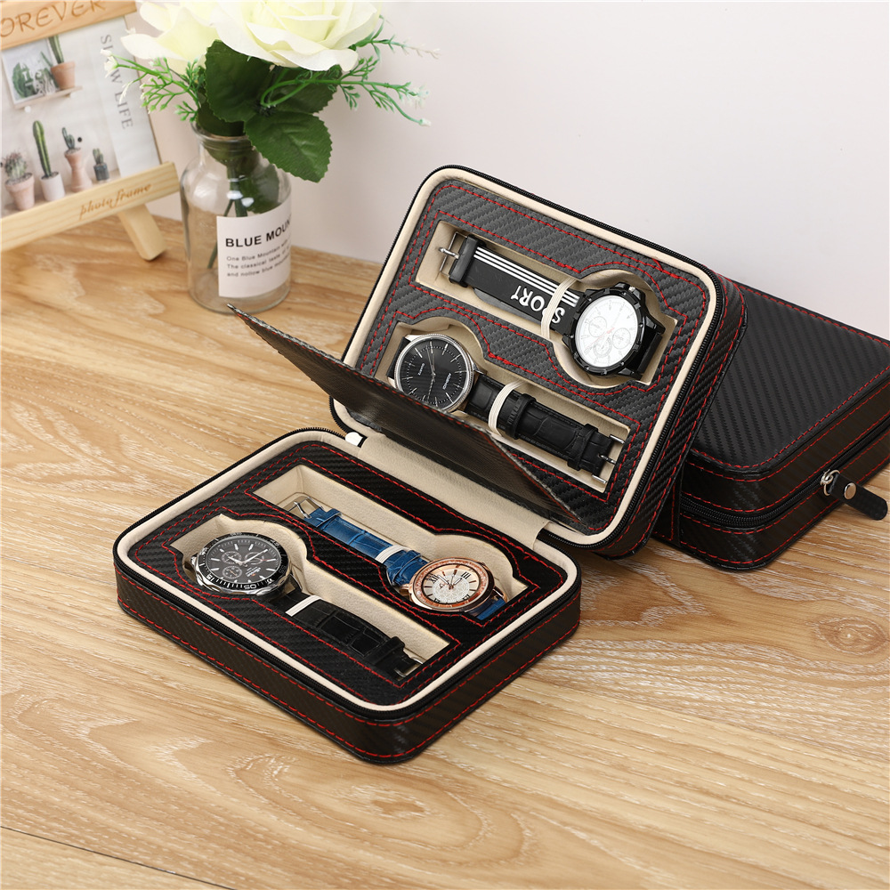 Carbon Fiber PU skin 2.4.8 Zip Watch Box travel Portable man Watches packing Storage The leather box