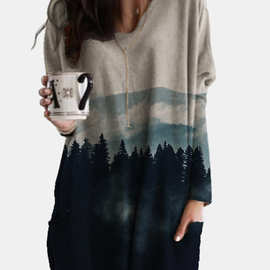 2020外贸跨境时尚女装宽松加长V领印花不规则下摆长袖上衣8951