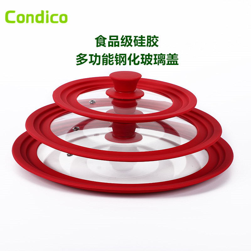 Venta caliente utensilios de cocina wok sartén cubierta de la olla universal resistente a la caída anti-desbordamiento cubierta de silicona multifuncional cubierta de vidrio templado resistente a altas temperaturas