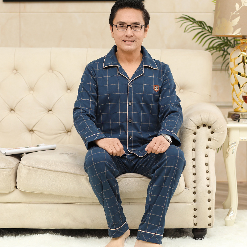 中年男士睡衣男长袖春秋新款翻领大码中老年爸爸纯棉家居服两件套|ms
