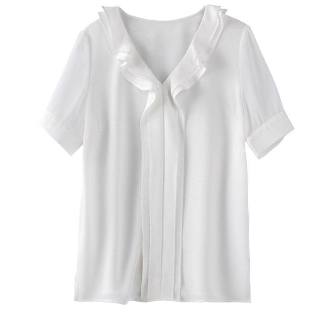 Summer white small shirt show thin Pullover fashion wave Ruffle design sense Short Sleeve Chiffon shirt woman