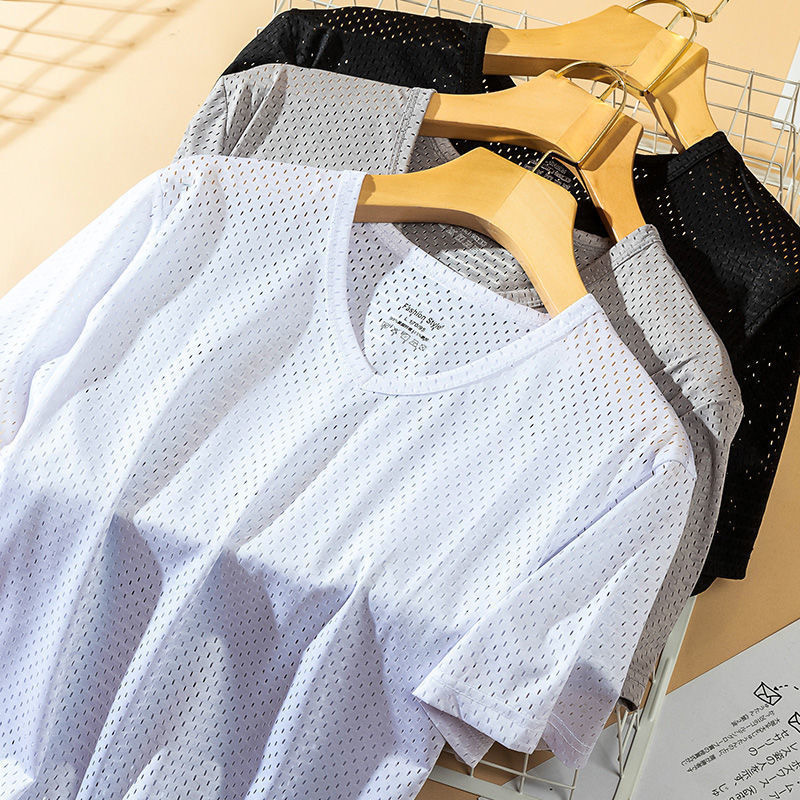 Camiseta de manga corta de seda de hielo para hombre de verano de malla delgada transpirable suelta más traje de media manga de secado rápido camiseta de moda