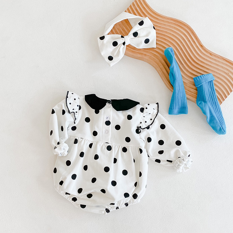 Ins2024 Spring Autumn Baby and Children's jumpsuit, women's baby polka dot long sleeved cotton triangle hoodie, crawling_voghion.com