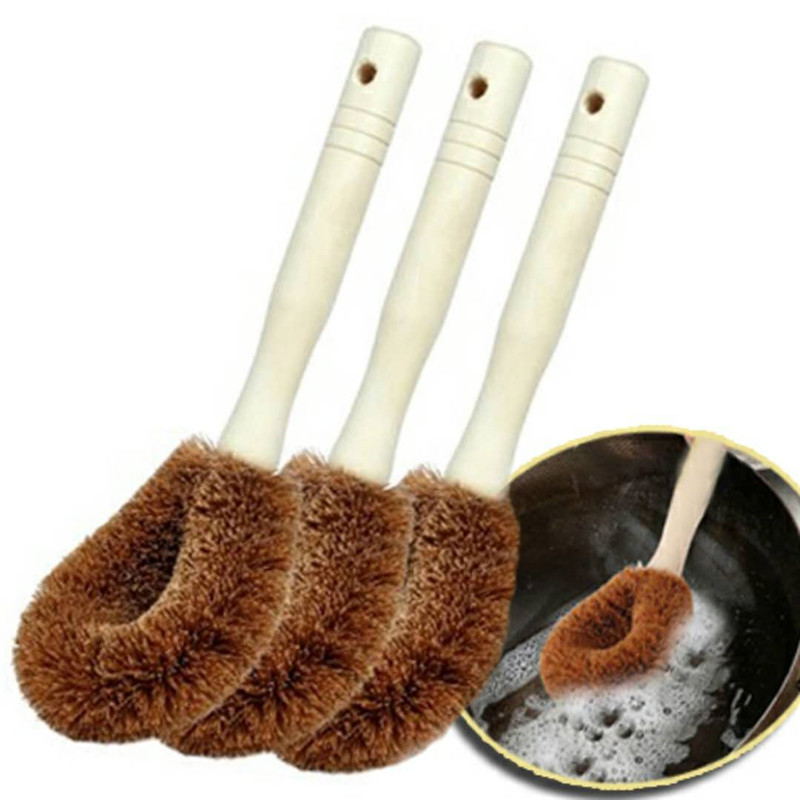 Natural Wooden Handle Coconut Palm Pot Brush Household Kitchen Cleaning Brush Pot Washing Dishwashing Brush Long Handle Pot Washing Brush