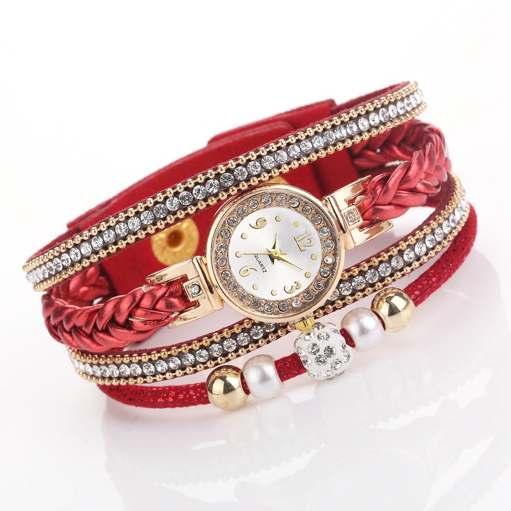 Reloj De Correa De Pu Con Cuentas De Perlas Y Diamantes De Pulsera Redonda De Moda display picture 5