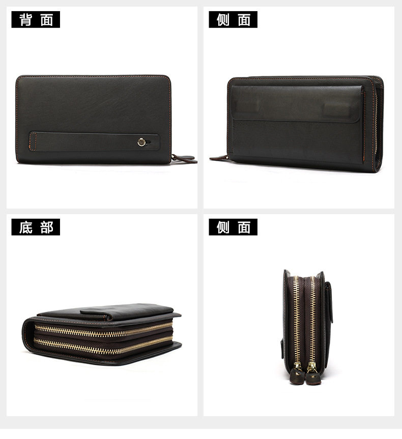 Ví nam da bò thật dáng dài kiểu clutch có khóa kéo hai lớp và ngăn đựng tiền xu — Cà phê/khóa kéo đơn, Màu Đen/khóa kéo đơn, 9013 màu đen, Cà phê 9013 chi tiết 18