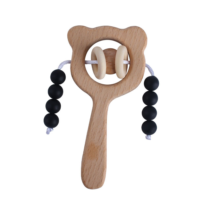 Nuevo DIY de dibujos animados de haya mano palo juguete teether marrón oso sonajero juguete infantil teether palo