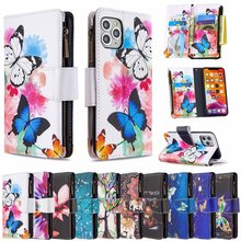 适用三星S21彩绘拉链包手机套NOTE20多功能钱包皮套A32插卡保护套