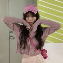 2021春新款韩版复古V领纯色短款显瘦上衣长袖针织开衫毛衣女潮