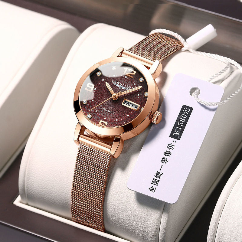 Luminous Waterproof Women's Watch Female Student Korean Style Fashion Trend Automatic Double Calendar Quartz Watch ins Ultra-thin