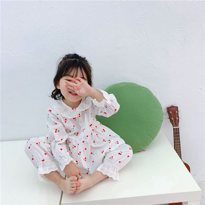 어린이 의류 2023 봄과 가을 새로운 소녀 달콤한 레이스 파자마 세트  소녀 홈 의류 얇은 투피스 세트