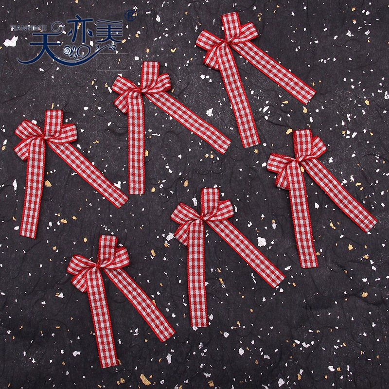 1cm rojo y blanco a cuadros cinta arco Yiwu fabricantes pueden hacer accesorios de ropa escocesa arco a cuadros