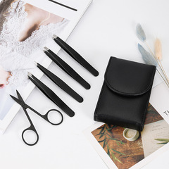 泳黑不鏽鋼眉夾套裝斜平尖勾高精準修眉夾PU黑皮包五件套美妝工具