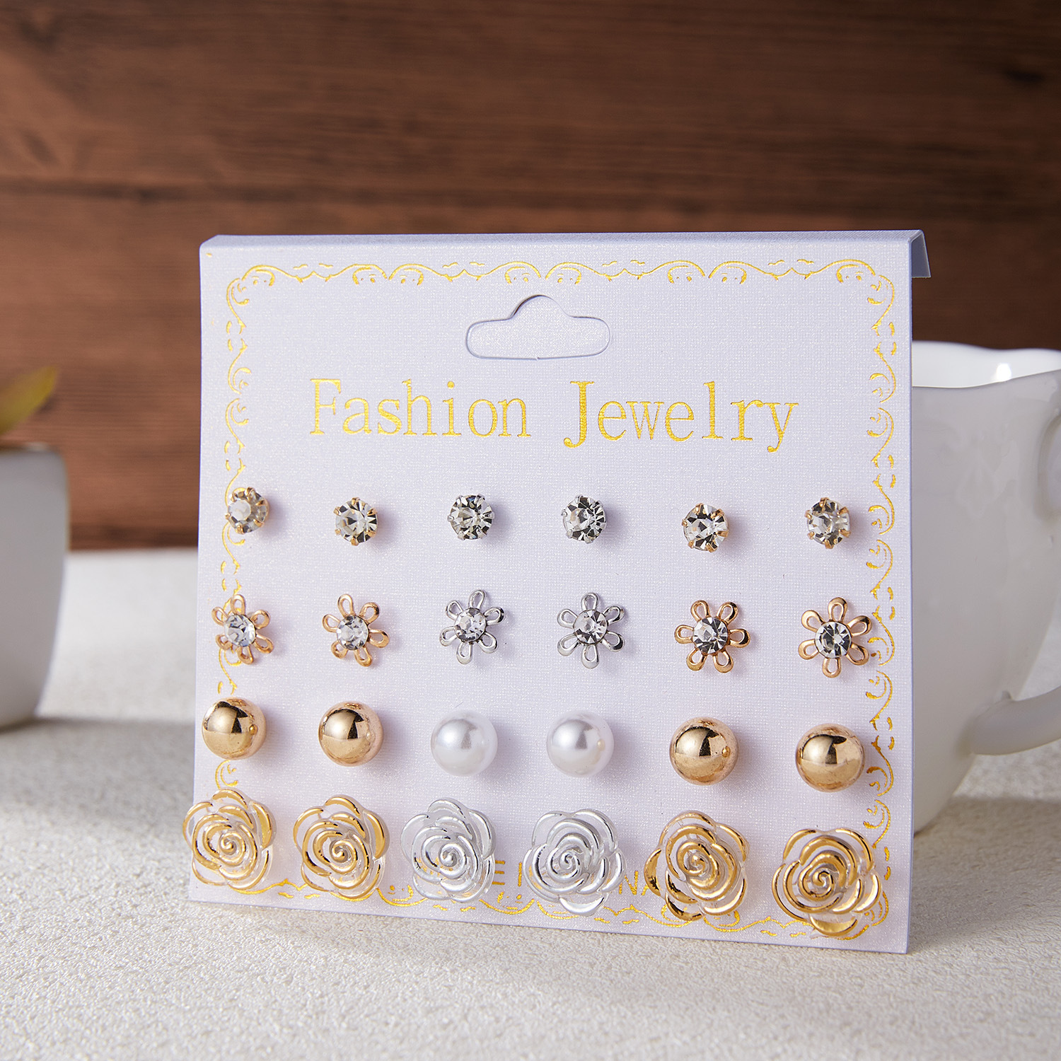 Fashion Geometric Alloy Inlay Zircon Women's Ear Studs 12 Pairs display picture 2