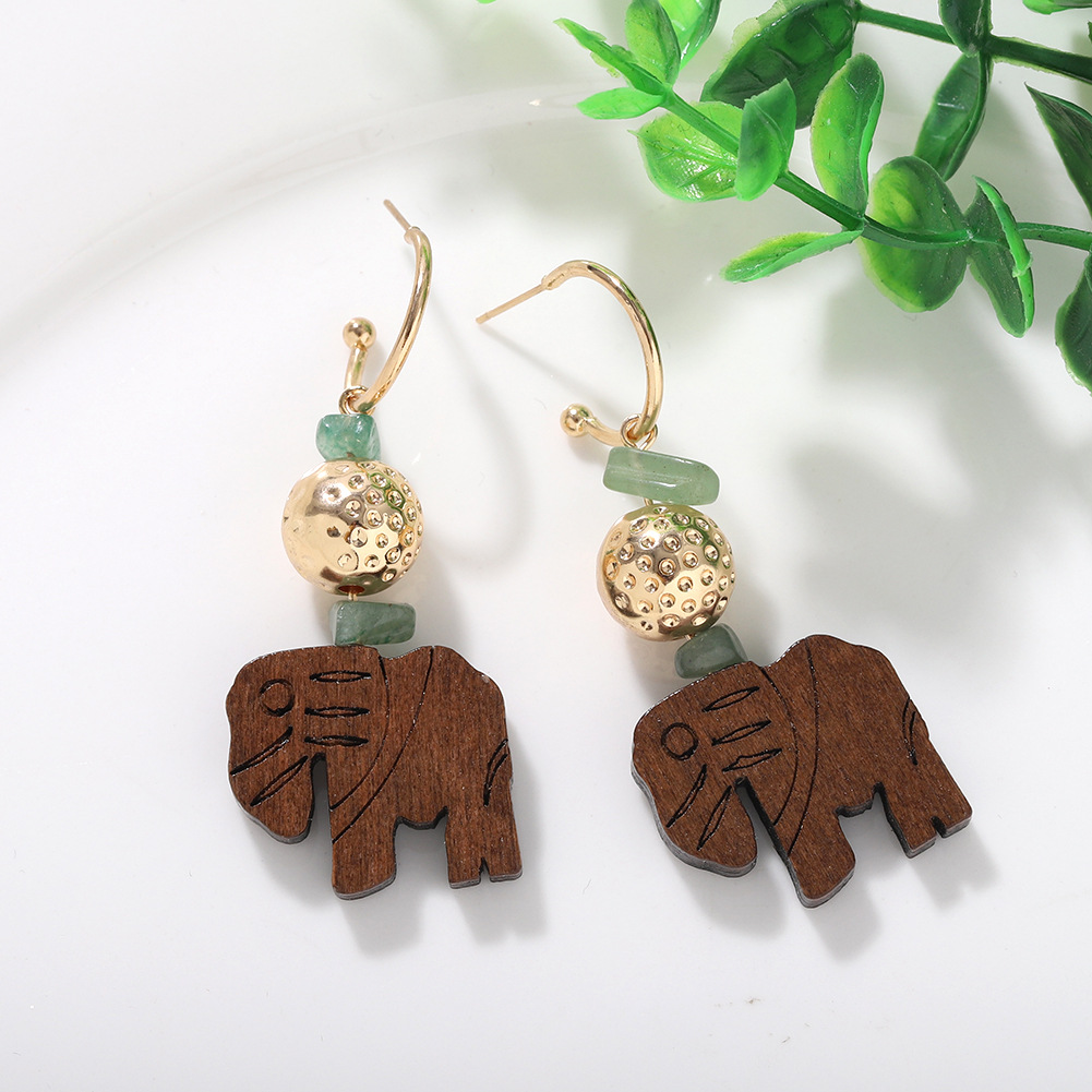 New Fashion Creative Wood Carving Artificial Gems Stitching Cute Elephant Long Earrings For Women Wholesale display picture 6