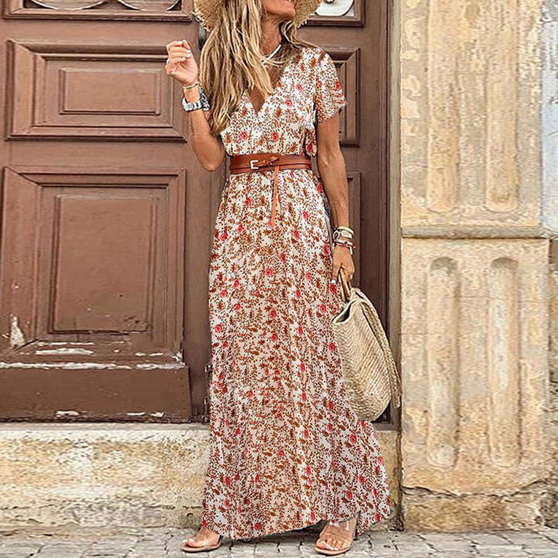 Women's Slit Dress Bohemian V Neck Printing Short Sleeve Cashew Nuts Maxi Long Dress Daily display picture 4