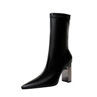 3128-12 European and American fashion wind thin boots with pointed sexy nightclub show thin metal thick with high boots in winter