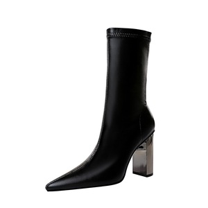 3128-12 European and American fashion wind thin boots with pointed sexy nightclub show thin metal thick with high boots 