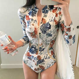 韩版新款泳装修身显瘦防晒服长袖拉链碎花三角连体游泳衣女