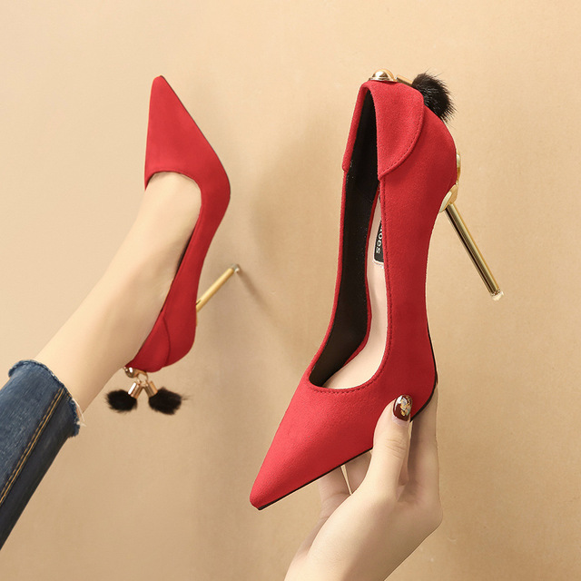 European and American sexy pointed shallow mouth metal rabbit hair high heels