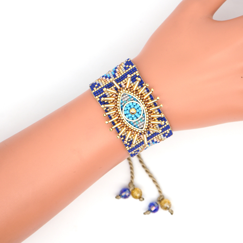 12g Weight No Inlaid Inlay Material Bracelets Classification Anniversary, Business, Travel Occasion Eye Pattern Unisex Gender Knitting Design Fashion Style European And American New Miyuki Rice Beads Hand-woven Turkish Devil Eyes Personality Stacking Wide Bracelet 13
