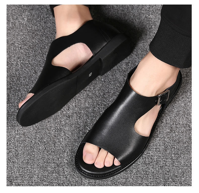 Dép sandal nam quai ngang kiểu La Mã, da bò, hở ngón, đế mềm thoáng khí — Màu đen chi tiết 16