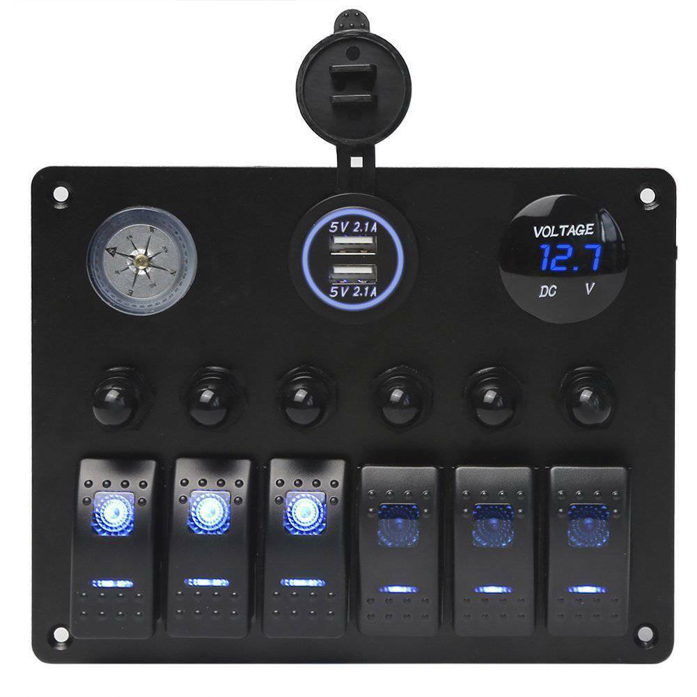for car boat改装6gang翘板开关面板双USB车载手机充电器带指南针