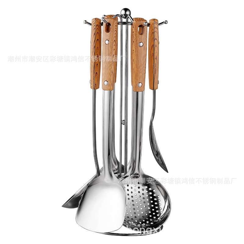 家用木柄锅铲 304不锈钢木纹炒菜铲子 汤勺漏勺厨具套装 礼品套装|ms