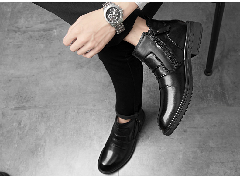 Mittelhohe Lederschuhe, lässige kurze Stiefel, Lederstiefel mit seitlichem Reißverschluss, warme Schneestiefel_voghion.com