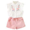 Children’s short sleeve top set embroidery solid color Shorts Girls’ set