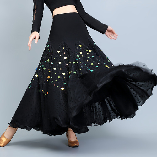 Black with sequined Modern ballroom dance skirts for women girls modern dance long skirt Waltz tango Ballroom dancing swing skirts
