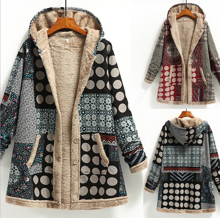 Women's Fashion Color Block Printing Single Breasted Coat Woolen Coat display picture 2