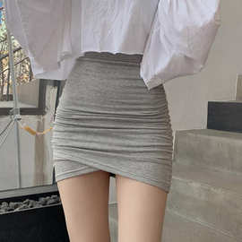 韩版浅灰色褶皱短裙女新款高腰包臀裙弹力性感堆堆裙一步裙半身裙