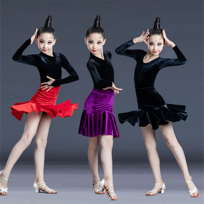 Children girls black red violet velvet Latin dance dresses stage performance latin ballroom long-sleeved exercise clothes competition latin dance costumes for girl