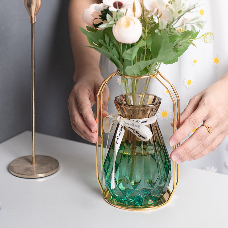 Florero de cristal creativo arreglo de flores de hierro florero escritorio sala de estar TV gabinete mesa de comedor flor seca flor artificial decoración hidropónica