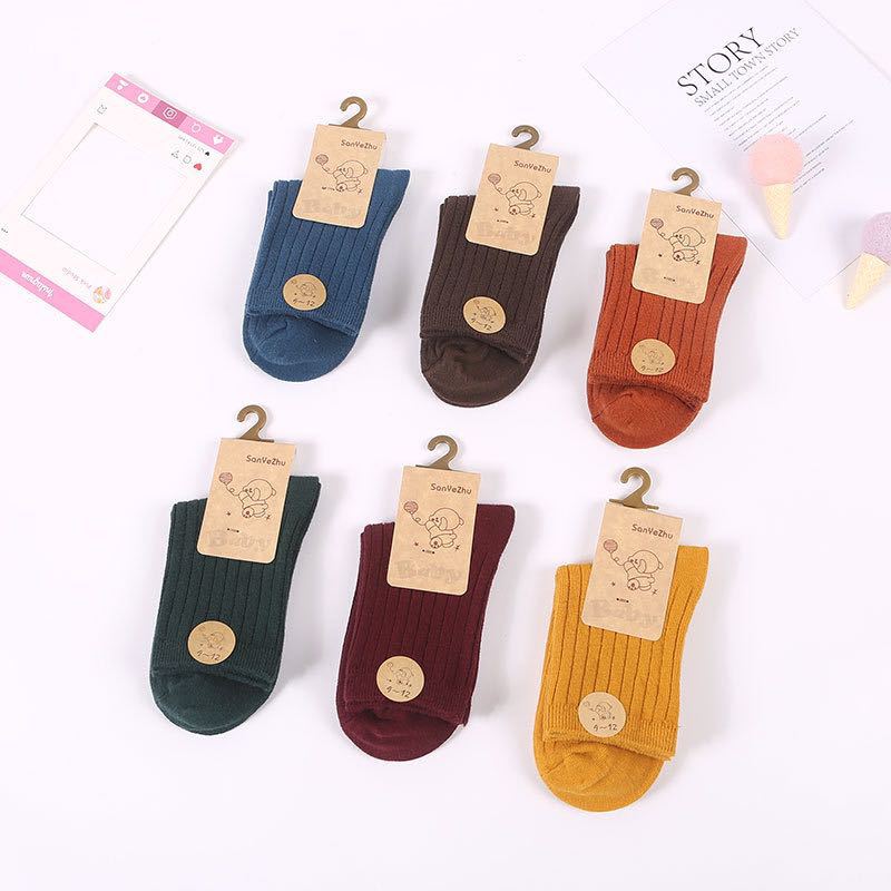 男女童中筒双针纯色全棉袜日系加厚纯棉糖果色条纹吸汗运动儿童袜|ms