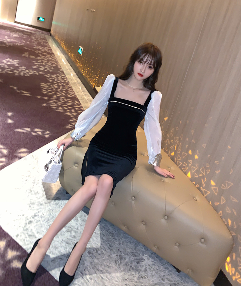 Váy nhung nữ cổ vuông ôm body xẻ tà phong cách Hepburn — Màu đen chi tiết 10
